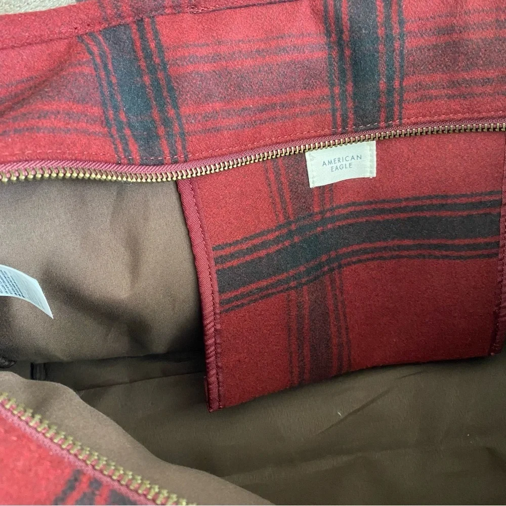 American Eagle Outfitters Red Plaid Duffel Tote with Brown Trim new